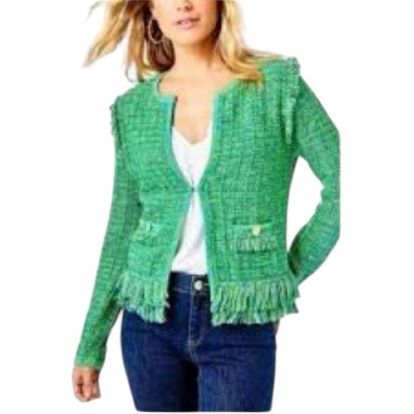 Lilly Pulitzer Simora Fringe Cardigan Evergreen Exotic Tweed Size XS NWT - Picture 9 of 9